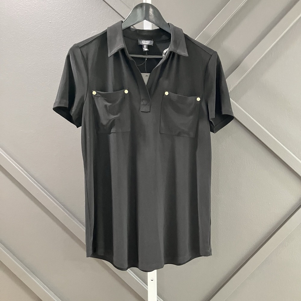 Jones New York Signature Top Black Polo Blouse Gold Pocket Accent Women Small
